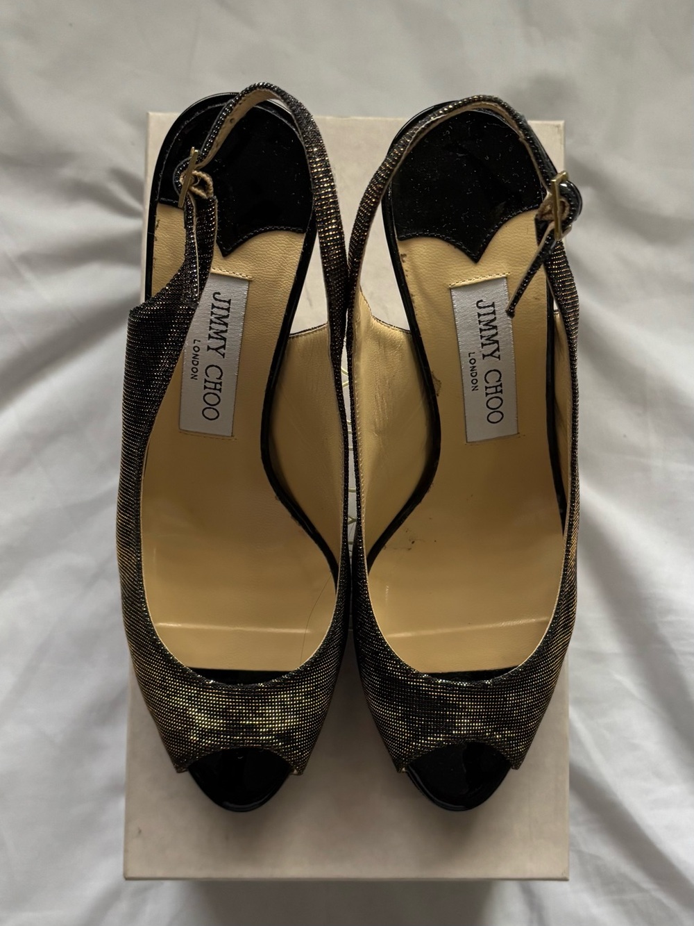 Jimmy Choo Black and Gold Peep-Toe Slingback Heels (Nova)